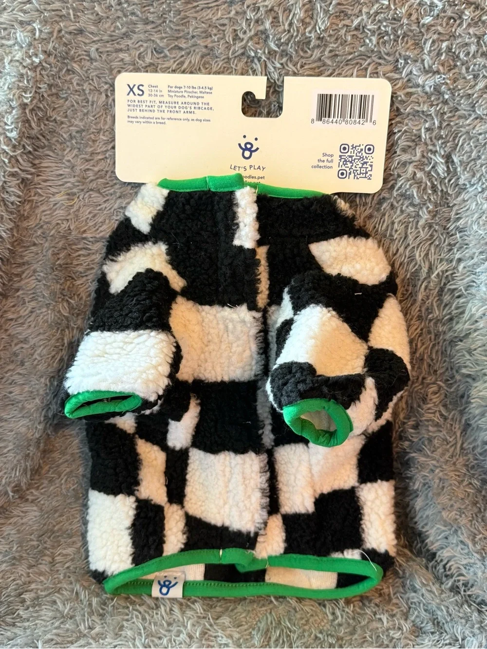 Oodles Black & White Check Sherpa Dog Jacket Green Trim X-Small 7-10 Pounds